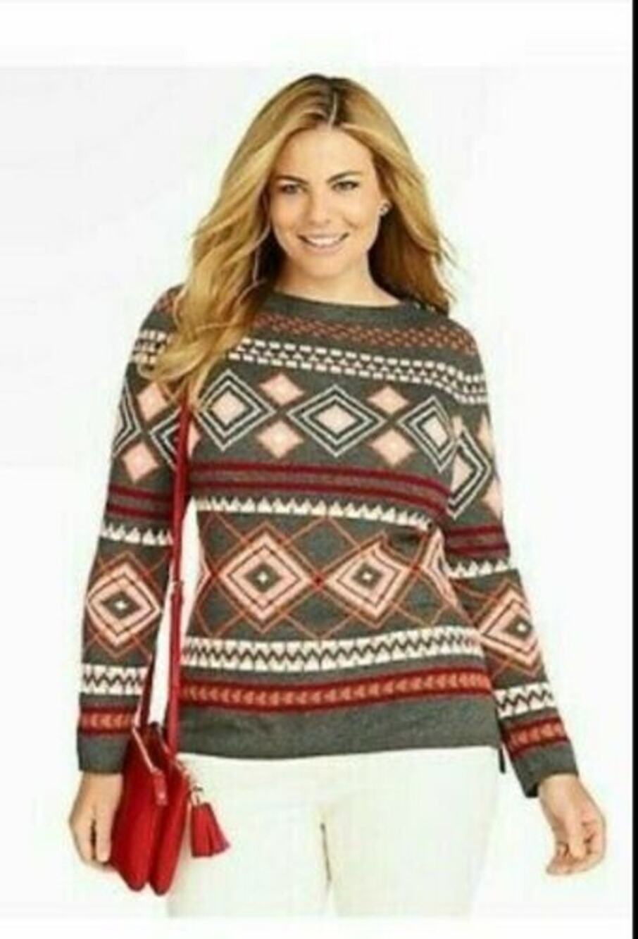 Talbots Woman Lambswool Sweater Geometric Gray Fall Plus Women 3X